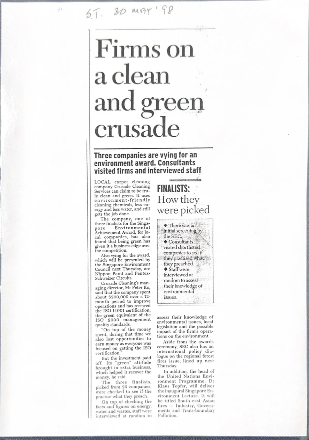 The Straits Times: Firms on a clean and green crusade