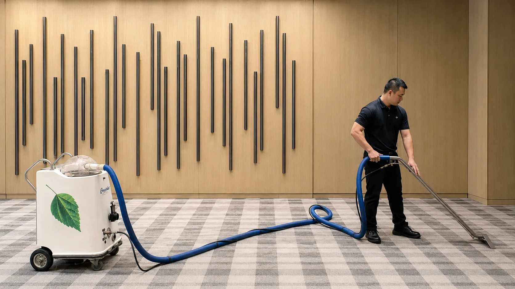 A Crusade technician deep-cleaning a function room carpet with an extraction machine