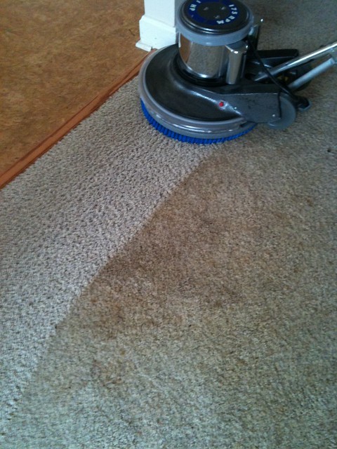 cleaning carpet with scrubbing machine